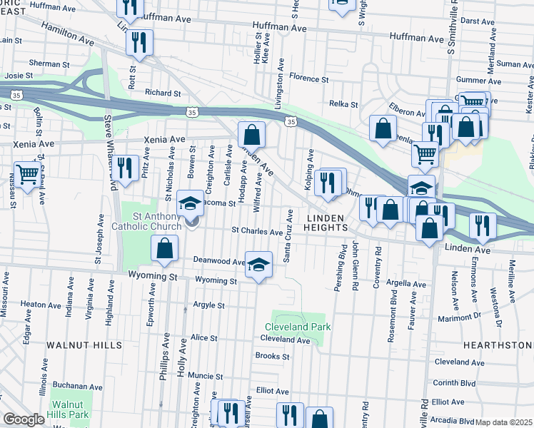 map of restaurants, bars, coffee shops, grocery stores, and more near 709 Wellmeier Avenue in Dayton