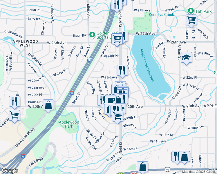 map of restaurants, bars, coffee shops, grocery stores, and more near 2233 Yellowstone Street in Golden