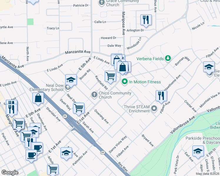 map of restaurants, bars, coffee shops, grocery stores, and more near 1100 Kentfield Road in Chico