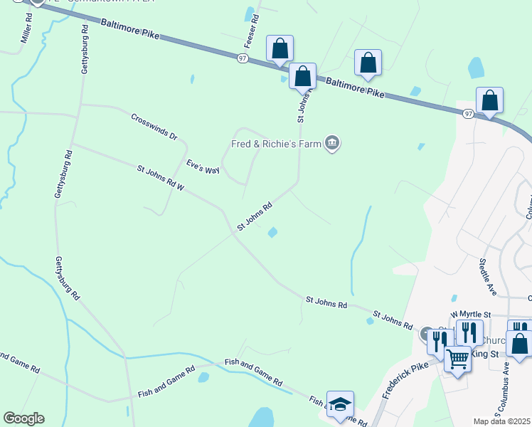 map of restaurants, bars, coffee shops, grocery stores, and more near 238 Saint Johns Road in Littlestown