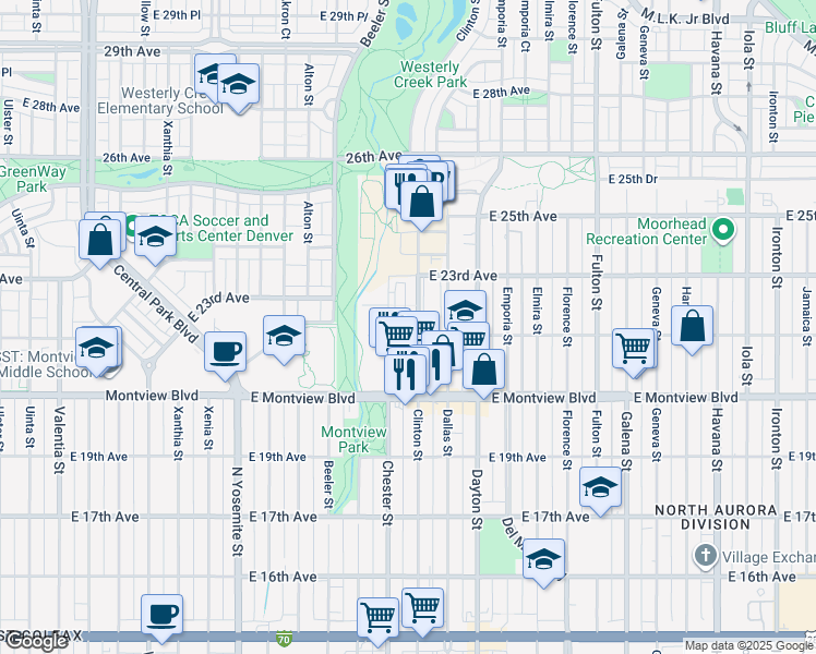 map of restaurants, bars, coffee shops, grocery stores, and more near 2271 Clinton Street in Aurora