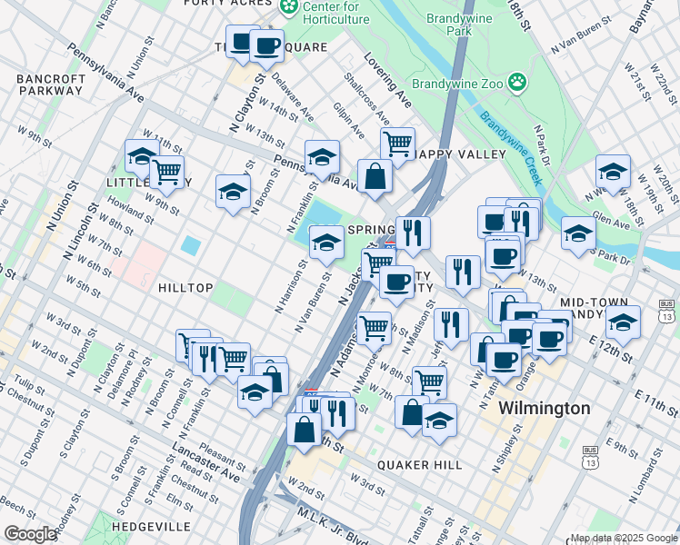 map of restaurants, bars, coffee shops, grocery stores, and more near 1018 West 10th Street in Wilmington