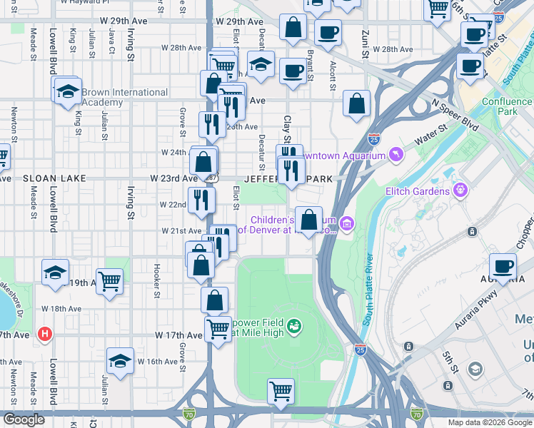 map of restaurants, bars, coffee shops, grocery stores, and more near 2195 Decatur Street in Denver