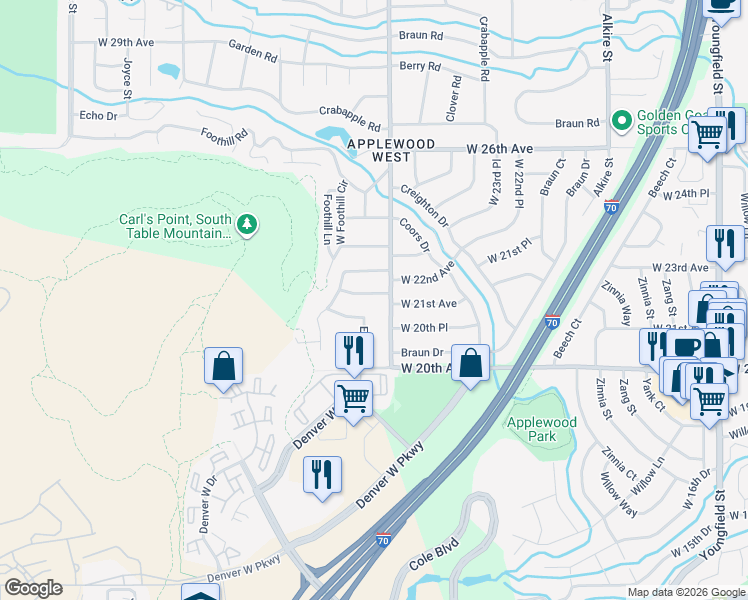 map of restaurants, bars, coffee shops, grocery stores, and more near 14083 West 22nd Avenue in Golden