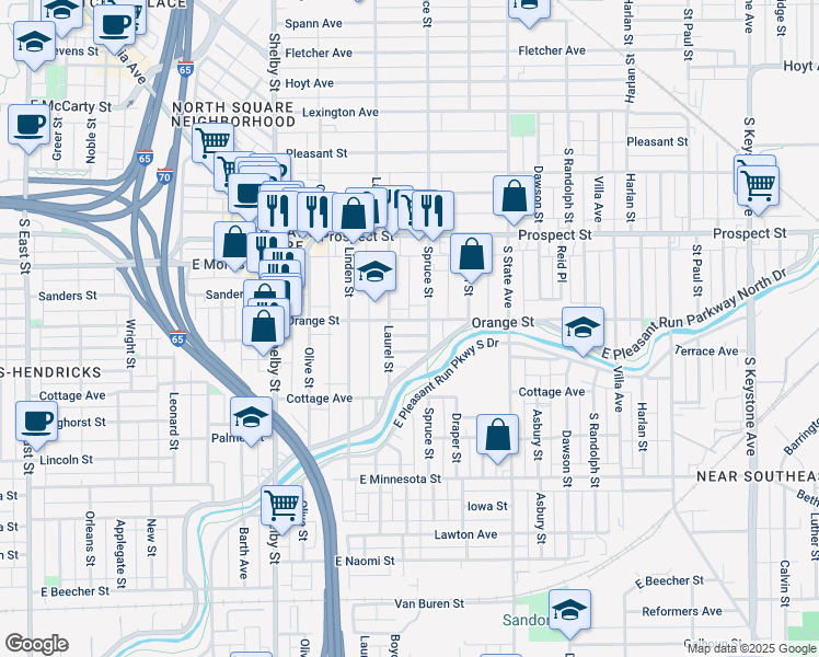 map of restaurants, bars, coffee shops, grocery stores, and more near 1426 Orange Street in Indianapolis