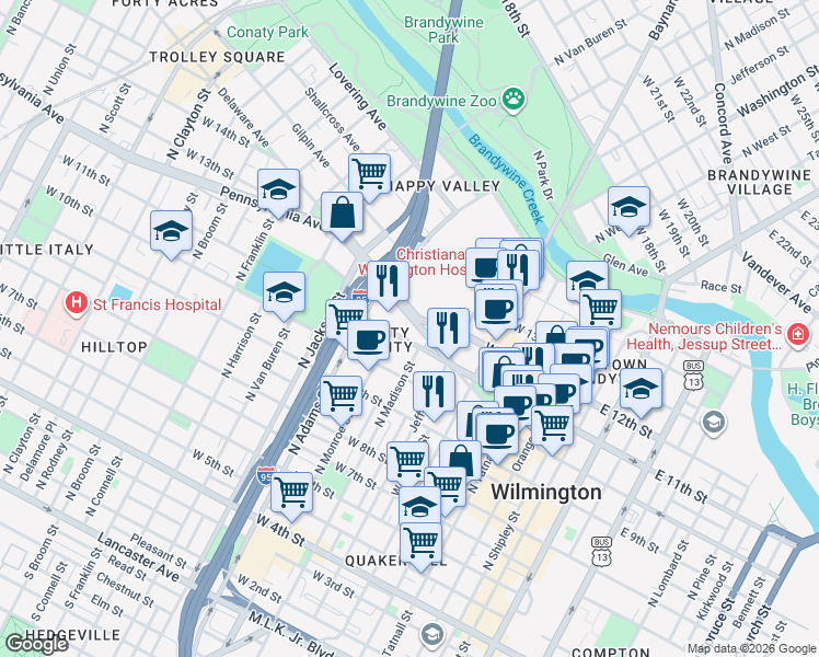 map of restaurants, bars, coffee shops, grocery stores, and more near 800 Delaware Avenue in Wilmington