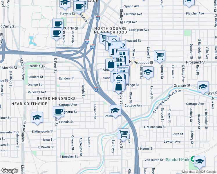 map of restaurants, bars, coffee shops, grocery stores, and more near 1315 Ringgold Avenue in Indianapolis