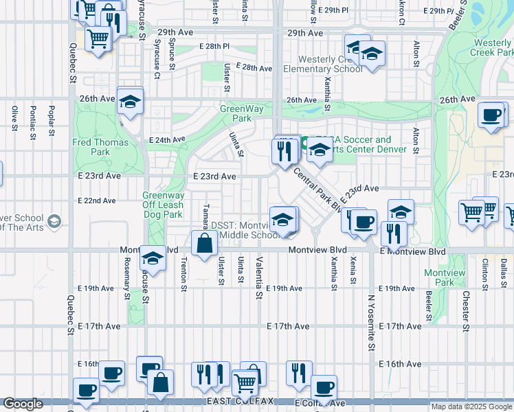 map of restaurants, bars, coffee shops, grocery stores, and more near 2243 Valentia Street in Denver