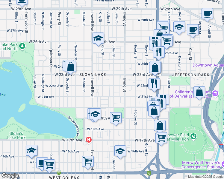 map of restaurants, bars, coffee shops, grocery stores, and more near 2171 Julian Street in Denver