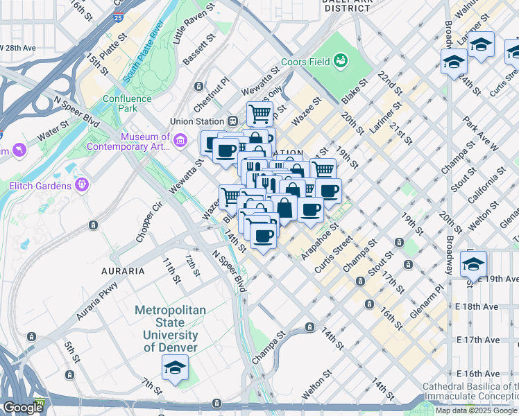 map of restaurants, bars, coffee shops, grocery stores, and more near 1625 Market Street in Denver
