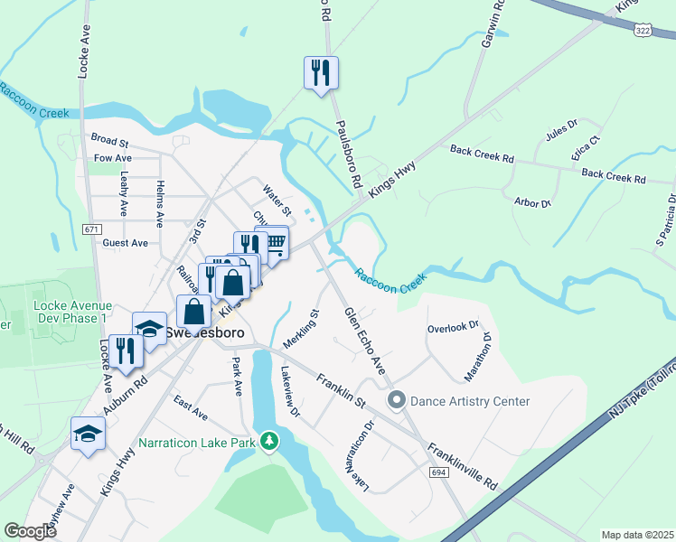map of restaurants, bars, coffee shops, grocery stores, and more near 5 Glen Echo Avenue in Swedesboro