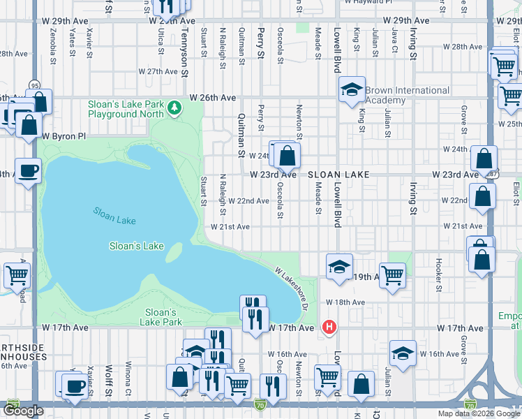 map of restaurants, bars, coffee shops, grocery stores, and more near 2139 Perry Street in Denver