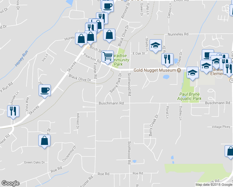 map of restaurants, bars, coffee shops, grocery stores, and more near 5575 Keith Road in Paradise