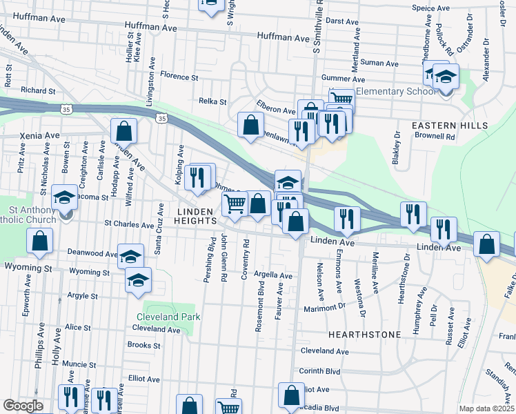 map of restaurants, bars, coffee shops, grocery stores, and more near 1523 Ohmer Street in Dayton