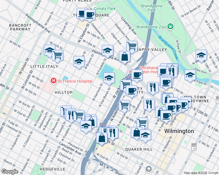 map of restaurants, bars, coffee shops, grocery stores, and more near 920 North Van Buren Street in Wilmington