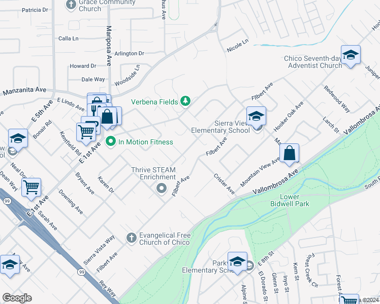 map of restaurants, bars, coffee shops, grocery stores, and more near 1471 Hawthorne Avenue in Chico
