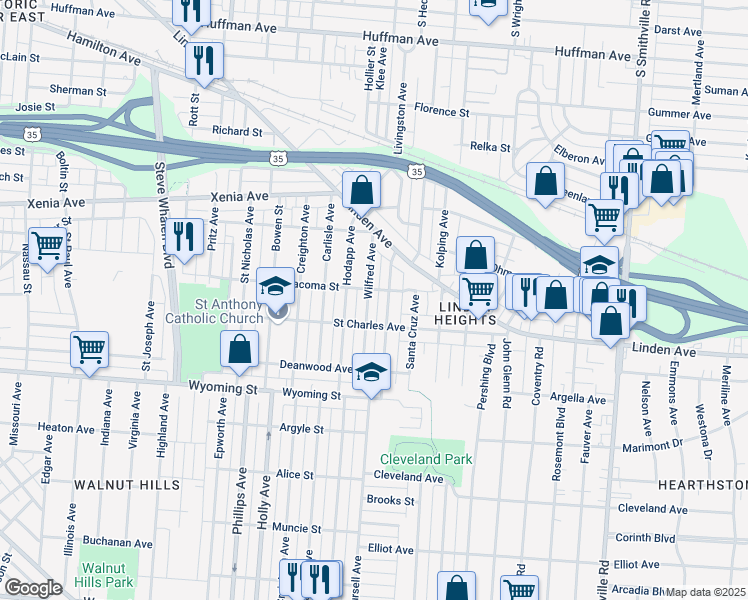 map of restaurants, bars, coffee shops, grocery stores, and more near 664 Wilfred Avenue in Dayton