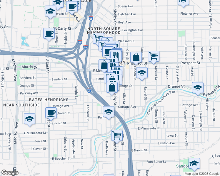 map of restaurants, bars, coffee shops, grocery stores, and more near 1260 Shelby Street in Indianapolis
