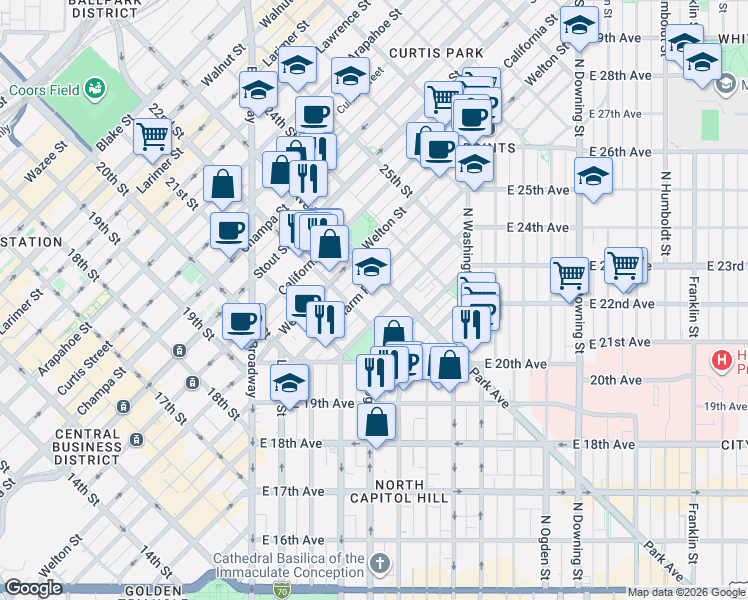 map of restaurants, bars, coffee shops, grocery stores, and more near 410 Park Avenue West in Denver