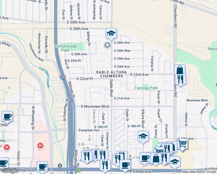 map of restaurants, bars, coffee shops, grocery stores, and more near 14444 East 22nd Place in Aurora