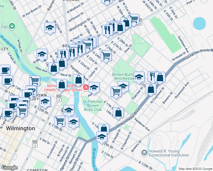 map of restaurants, bars, coffee shops, grocery stores, and more near 618 East 22nd Street in Wilmington