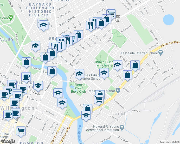 map of restaurants, bars, coffee shops, grocery stores, and more near 618 East 22nd Street in Wilmington