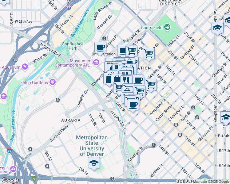 map of restaurants, bars, coffee shops, grocery stores, and more near 1450 Wazee Street in Denver
