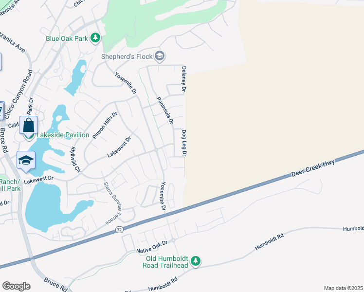 map of restaurants, bars, coffee shops, grocery stores, and more near 1226 Dog Leg Drive in Chico