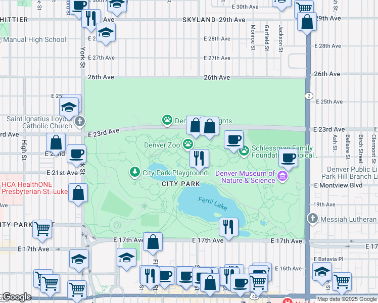 map of restaurants, bars, coffee shops, grocery stores, and more near 2300 Steele Street in Denver