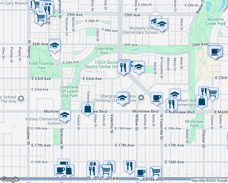 map of restaurants, bars, coffee shops, grocery stores, and more near 2243 Valentia Street in Denver