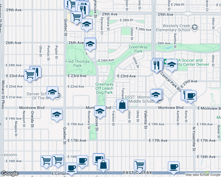 map of restaurants, bars, coffee shops, grocery stores, and more near 2242 Spruce Street in Denver