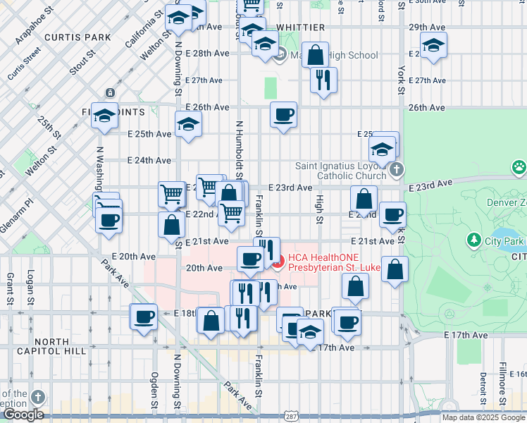 map of restaurants, bars, coffee shops, grocery stores, and more near in Denver