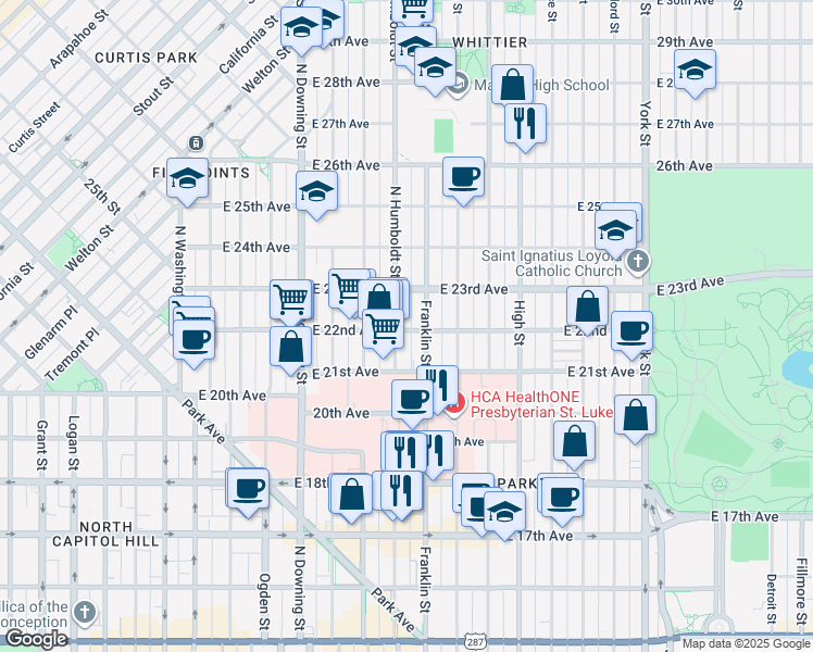map of restaurants, bars, coffee shops, grocery stores, and more near in Denver