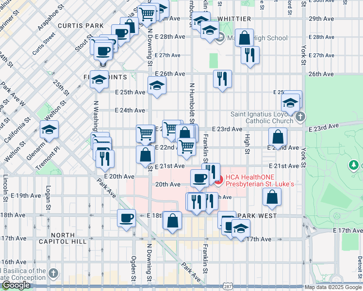 map of restaurants, bars, coffee shops, grocery stores, and more near 2233 Humboldt Street in Denver