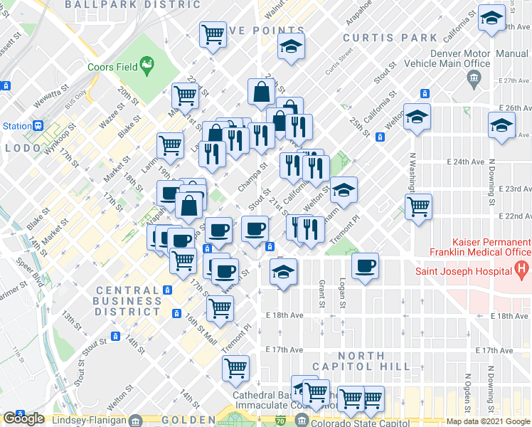 map of restaurants, bars, coffee shops, grocery stores, and more near 2131 California Street in Denver