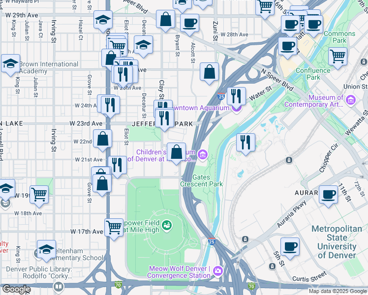 map of restaurants, bars, coffee shops, grocery stores, and more near 2190 Bryant Street in Denver