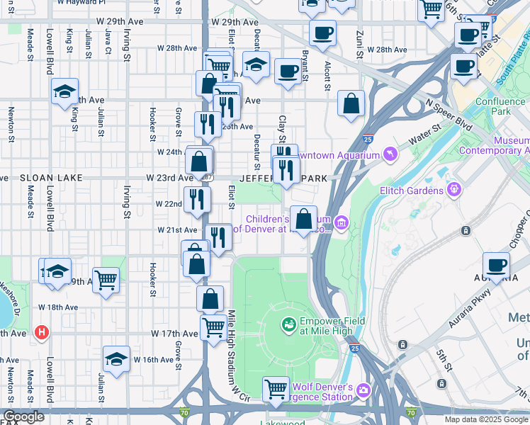 map of restaurants, bars, coffee shops, grocery stores, and more near 2718 West 22nd Avenue in Denver