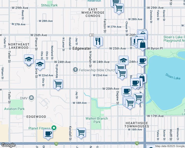 map of restaurants, bars, coffee shops, grocery stores, and more near 2235 North Harlan Street in Edgewater