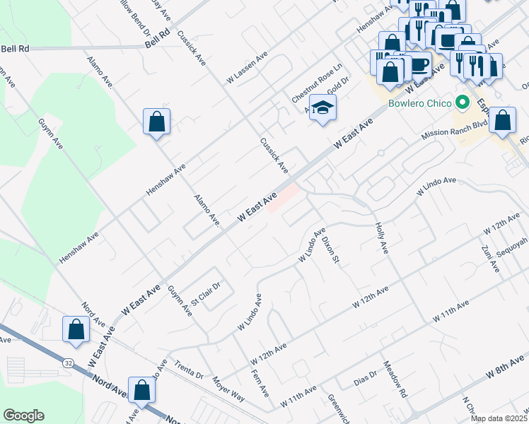 map of restaurants, bars, coffee shops, grocery stores, and more near 643 West East Avenue in Chico