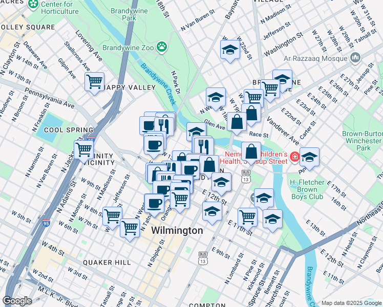 map of restaurants, bars, coffee shops, grocery stores, and more near 119 Winchester Place in Wilmington