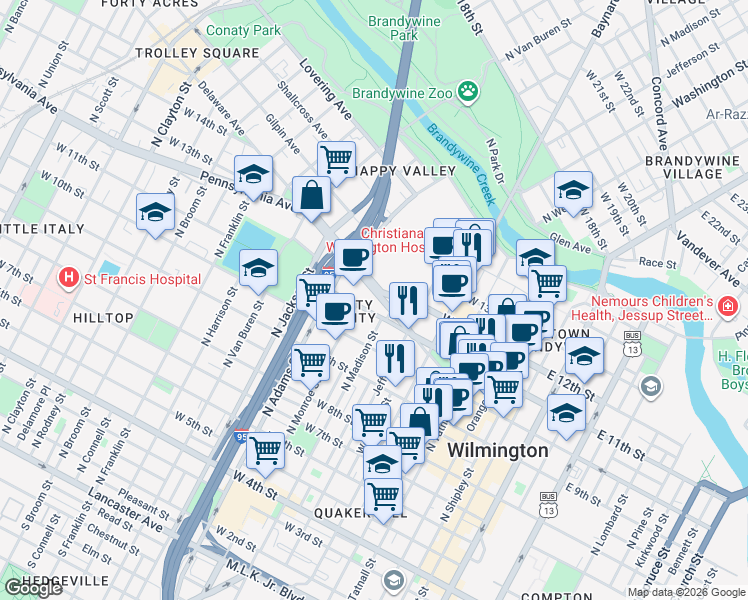 map of restaurants, bars, coffee shops, grocery stores, and more near 800 Delaware 52 in Wilmington