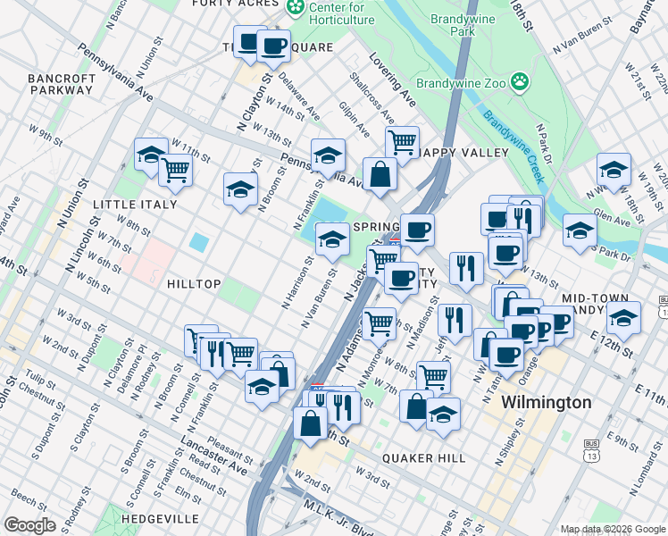 map of restaurants, bars, coffee shops, grocery stores, and more near 1018 West 10th Street in Wilmington
