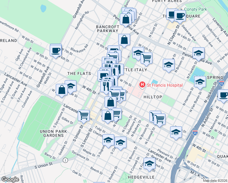 map of restaurants, bars, coffee shops, grocery stores, and more near 603 North Lincoln Street in Wilmington