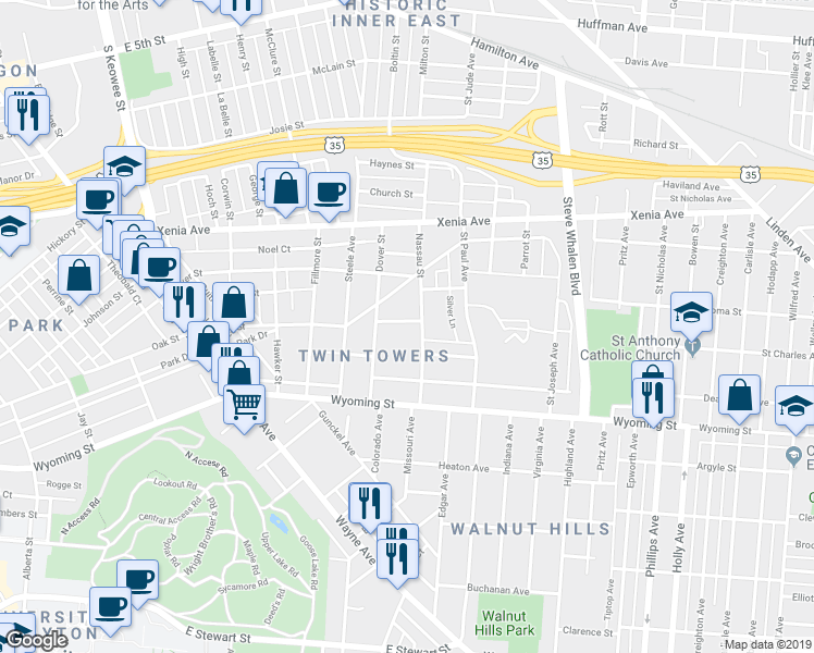 map of restaurants, bars, coffee shops, grocery stores, and more near 329 Nassau Street in Dayton