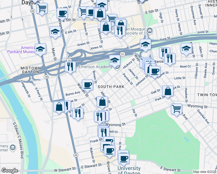 map of restaurants, bars, coffee shops, grocery stores, and more near in Dayton