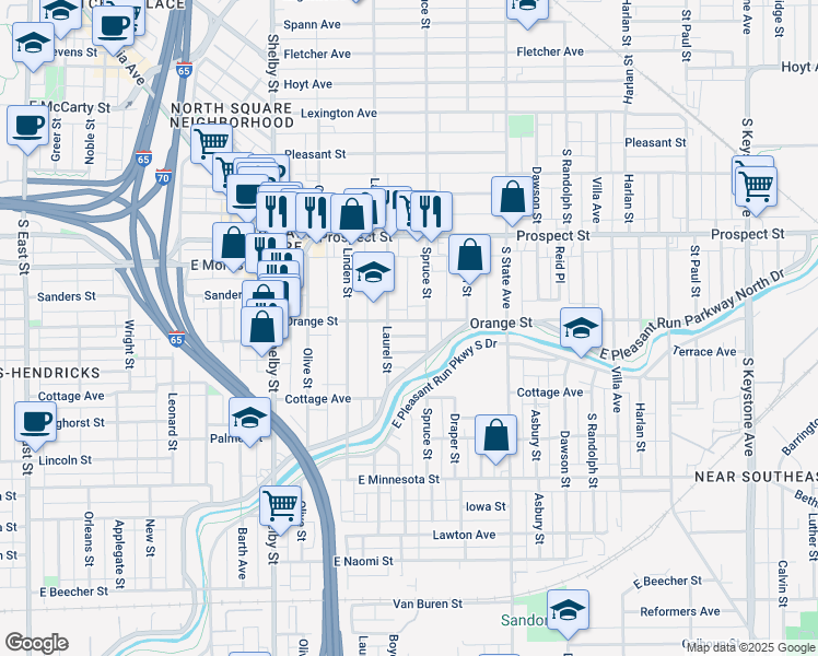 map of restaurants, bars, coffee shops, grocery stores, and more near 1426 Orange Street in Indianapolis