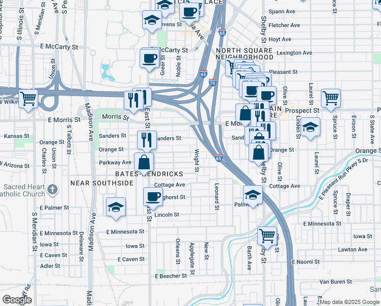 map of restaurants, bars, coffee shops, grocery stores, and more near 736 Orange Street in Indianapolis