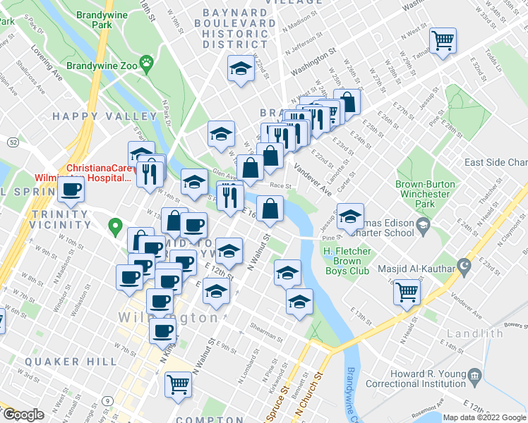 map of restaurants, bars, coffee shops, grocery stores, and more near 203 East 16th Street in Wilmington
