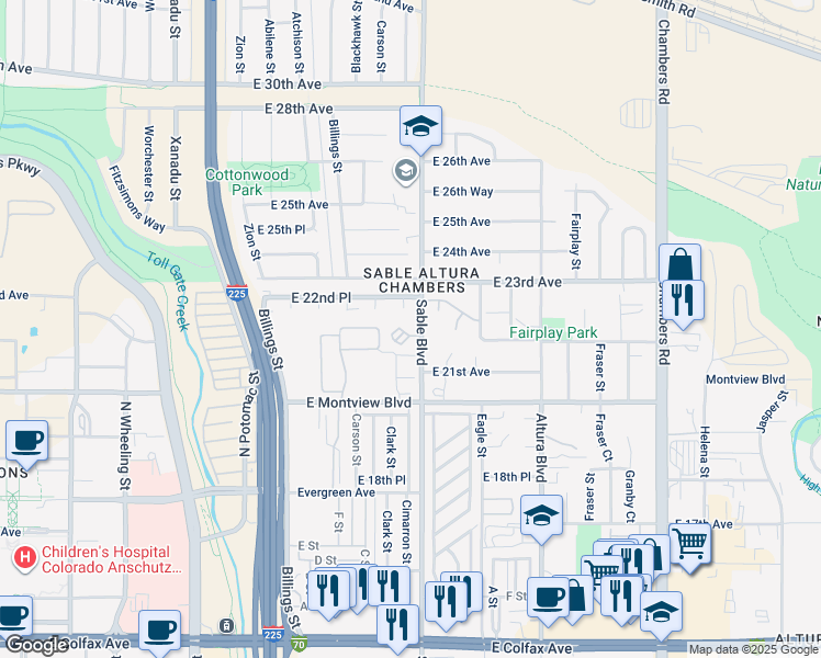 map of restaurants, bars, coffee shops, grocery stores, and more near 2231 Sable Boulevard in Aurora