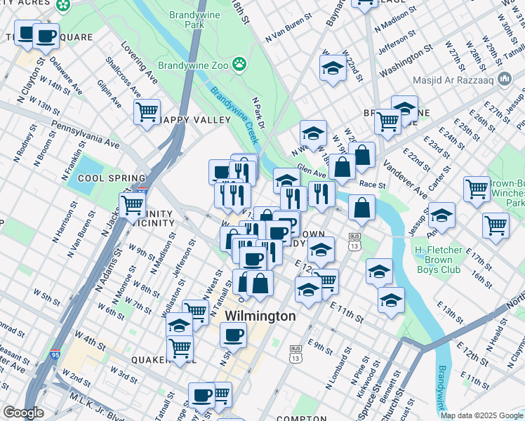 map of restaurants, bars, coffee shops, grocery stores, and more near 1319 North Tatnall Street in Wilmington